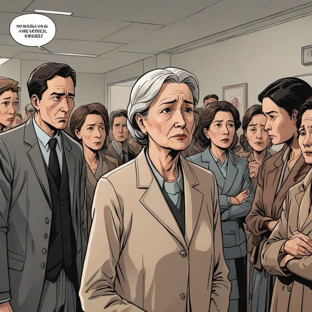 a group of people standing in a room with a cartoon of a woman in a suit and a man in a suit, Eva Gonzalès, figurativism, a comic book panel, graphic novel