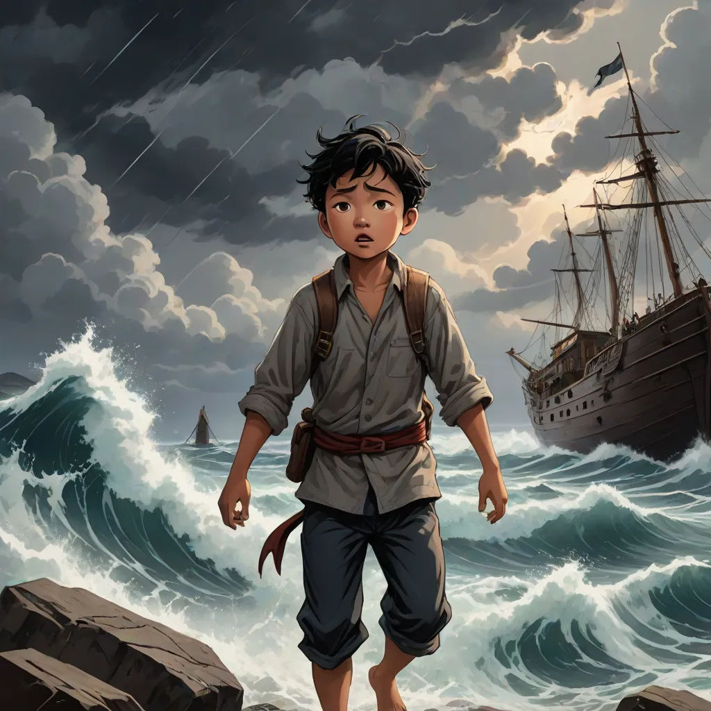 a boy is walking on a rock near a ship in the ocean with a storm coming in the background, Diego Gisbert Llorens, fantasy art, a storybook illustration, official art