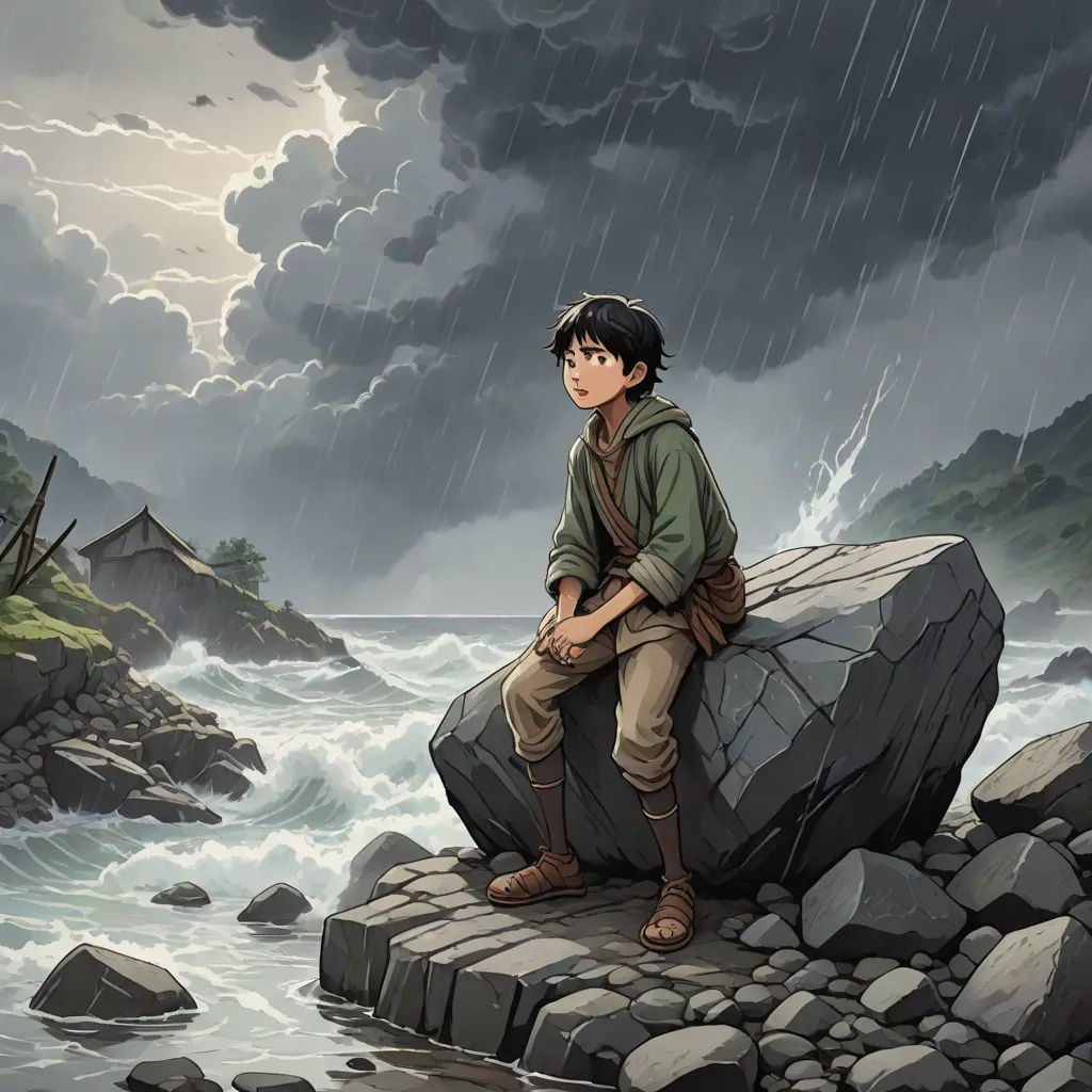 a boy sitting on a rock in the rain by the ocean with a storm coming in the background and a river running through it, Diego Gisbert Llorens, fantasy art, a storybook illustration, official art