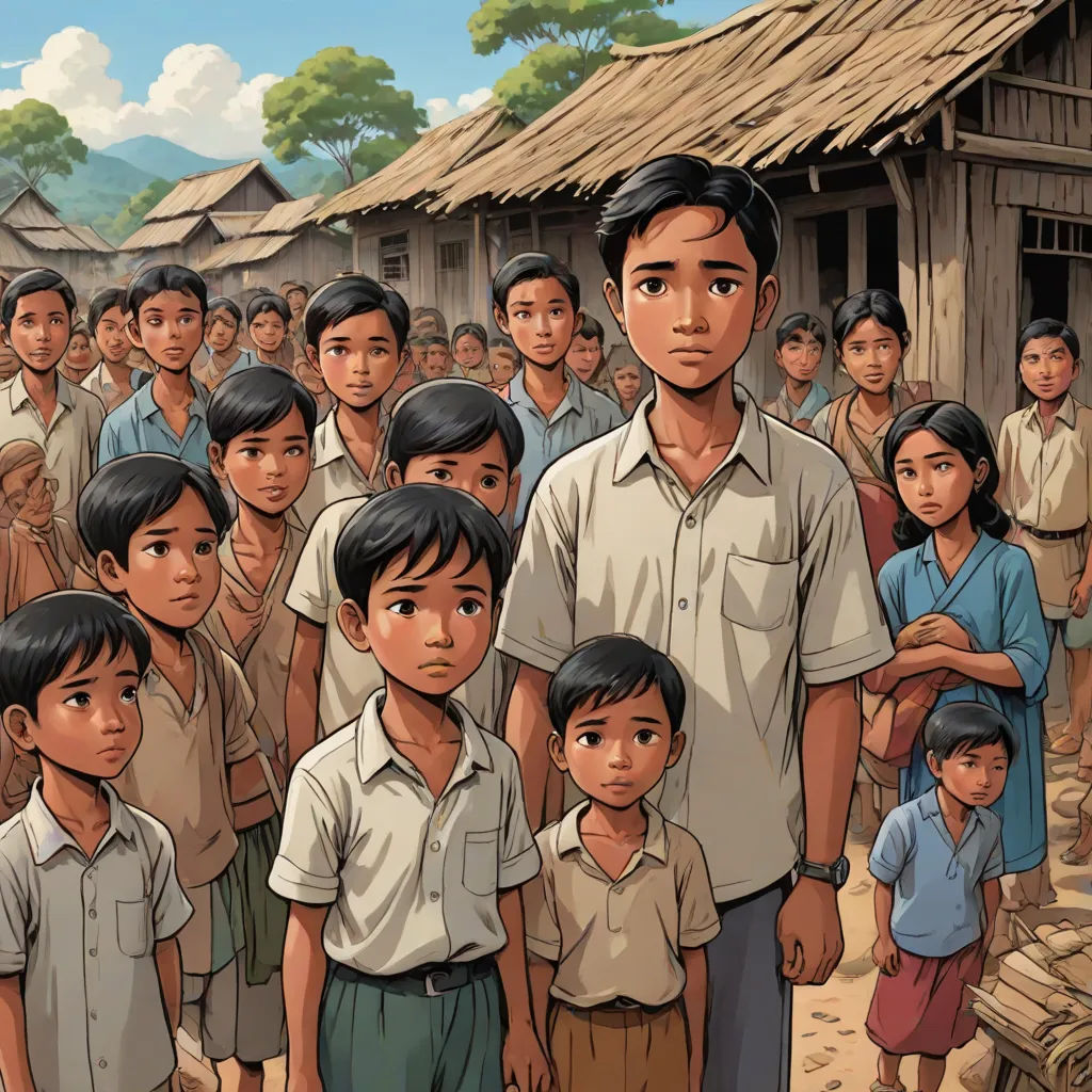 a group of people standing in front of a hut with a boy in front of them and a man in the middle, Dustin Nguyen, serial art, a storybook illustration, graphic novel
