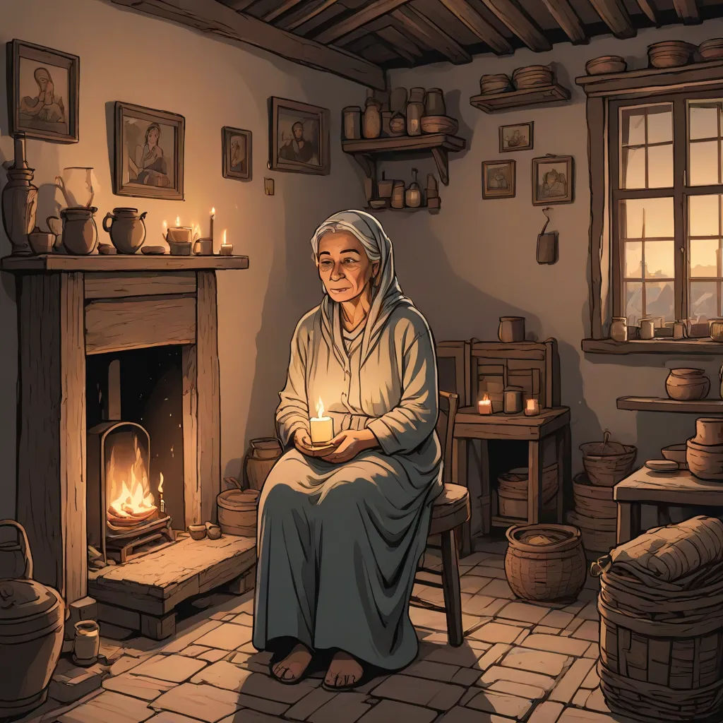 a woman sitting in front of a fireplace with a lit candle in her hand and a basket of food on the floor, Cornelia MacIntyre Foley, fantasy art, a storybook illustration, game art
