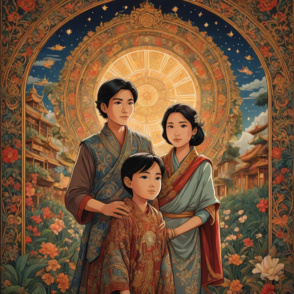 a painting of a family in front of a sun and flowers with a sky background and a sun in the background, Aaron Jasinski, cloisonnism, a storybook illustration, orientalism