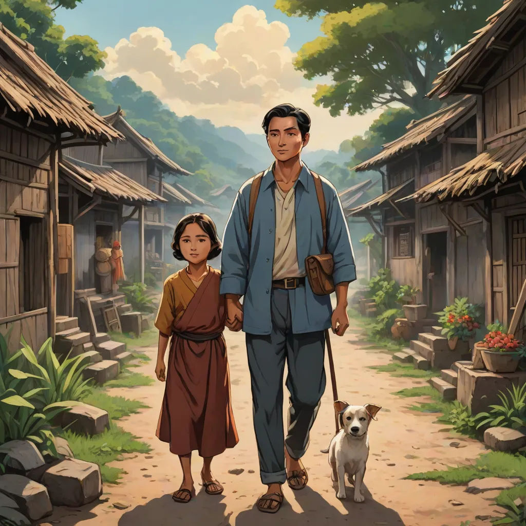 a man and a woman walking down a street with a dog on a leash next to them and a painting of a village, Akira Toriyama, magical realism, a storybook illustration, official art