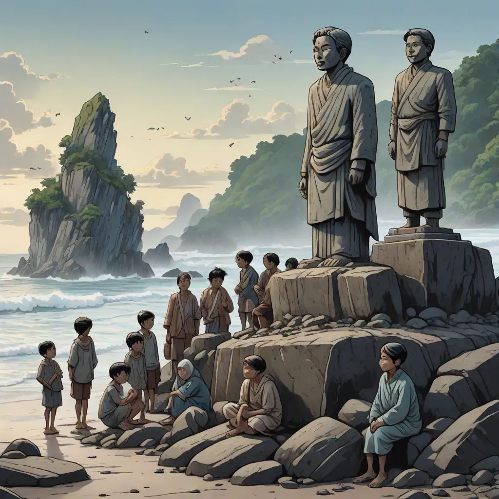 a group of people standing on top of a rocky beach next to a statue of buddhas on top of a cliff, Choi Buk, fantastic realism, a statue, kim jung gi