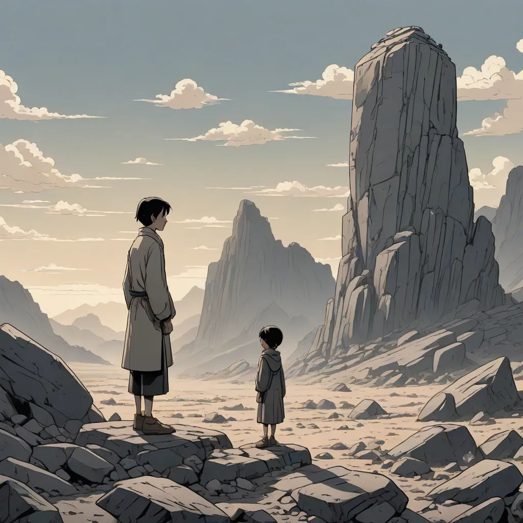 a man and a child standing on a rocky mountain top with a mountain in the background and a sky with clouds, Choi Buk, dau-al-set, a detailed matte painting, cinematic still