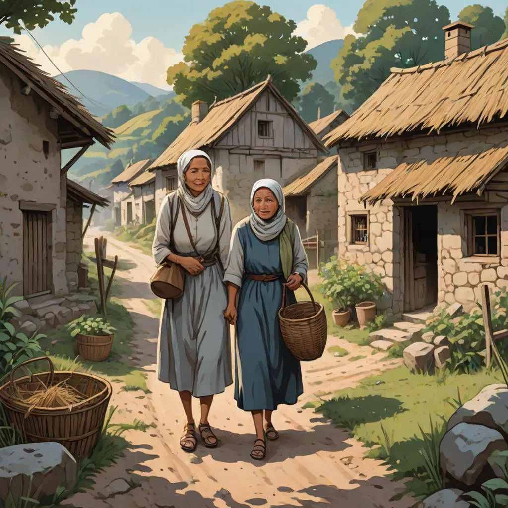 two women walking down a dirt road past a village with stone buildings and a stone pathway with a basket, Brothers Hildebrandt, american scene painting, a storybook illustration, in gouache detailed paintings