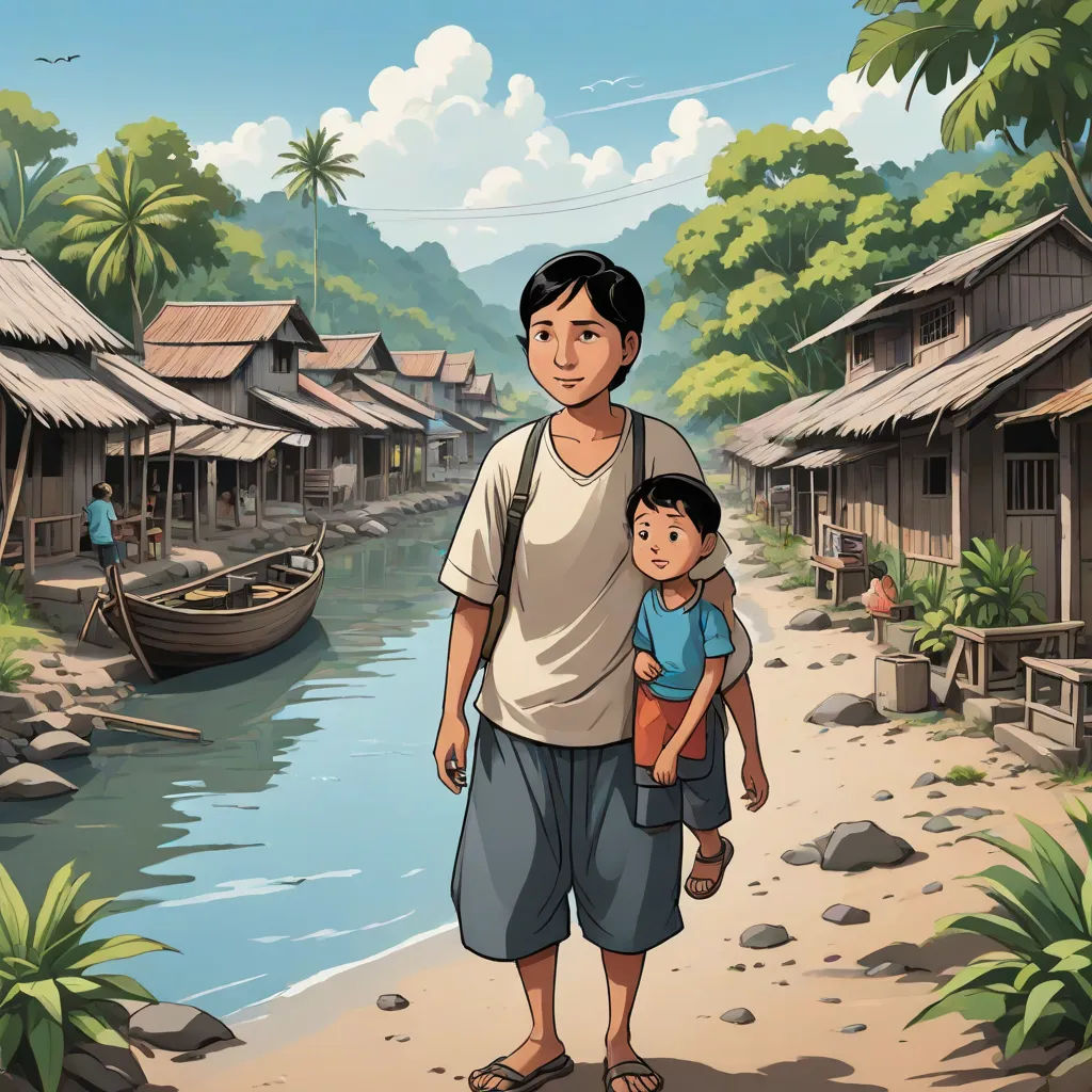 a man and a child walking down a beach next to a river with houses on the shore and a boat in the water, Dustin Nguyen, magical realism, a storybook illustration, graphic novel