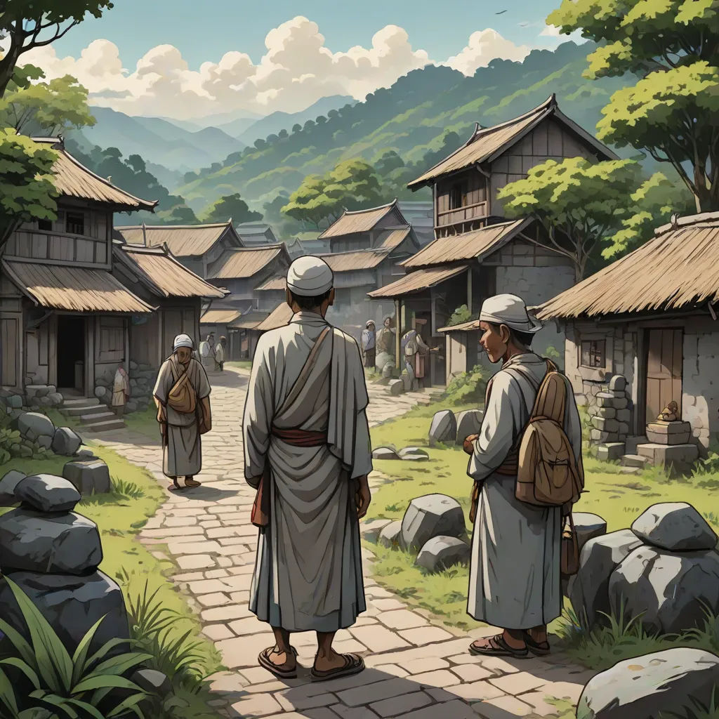 a painting of a group of people standing in a village with mountains in the background and a stone path leading to a building, Christophe Vacher, fantasy art, a detailed matte painting, official art