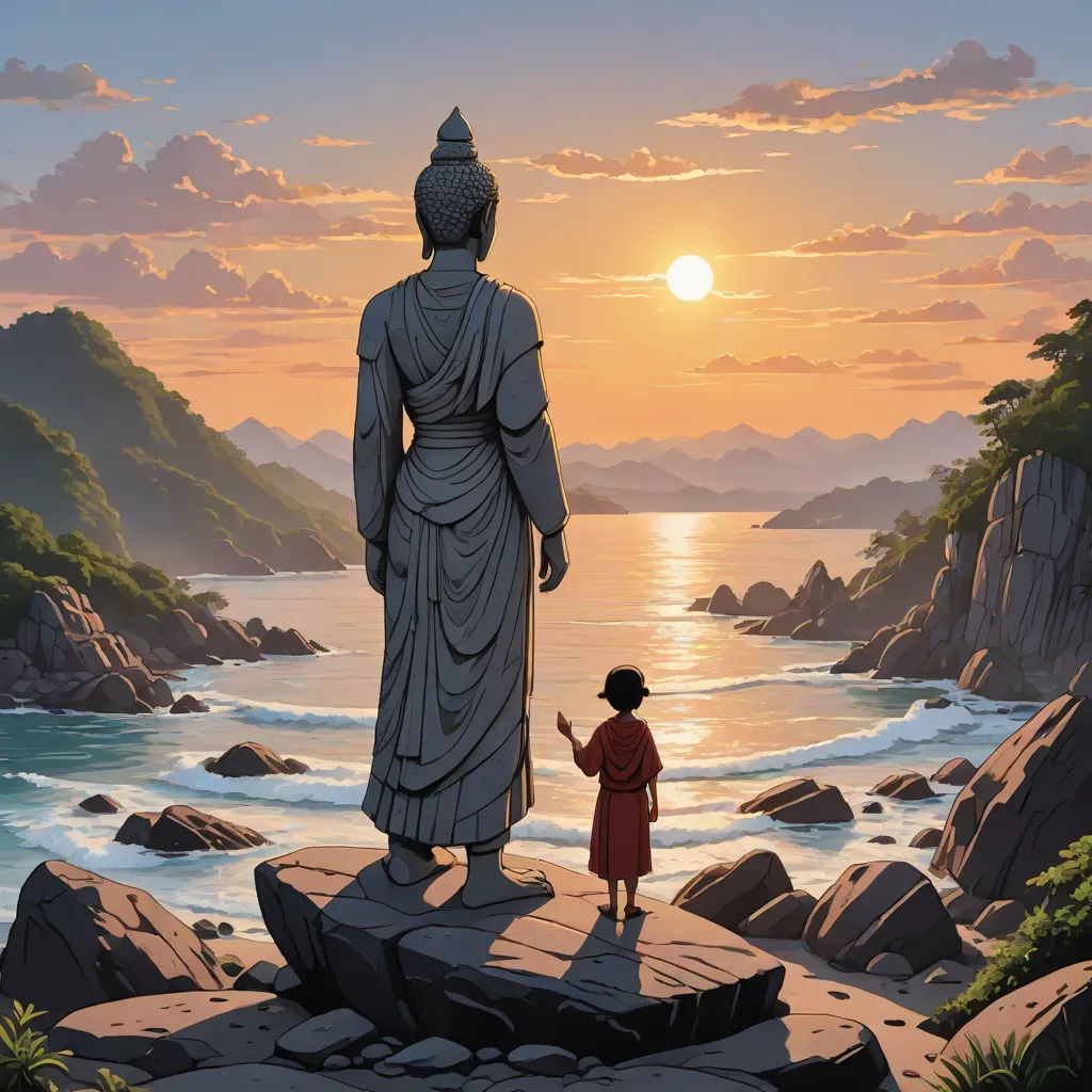 a boy standing next to a statue on a cliff overlooking the ocean at sunset with the sun setting behind him, Christophe Vacher, fantasy art, a painting, official art