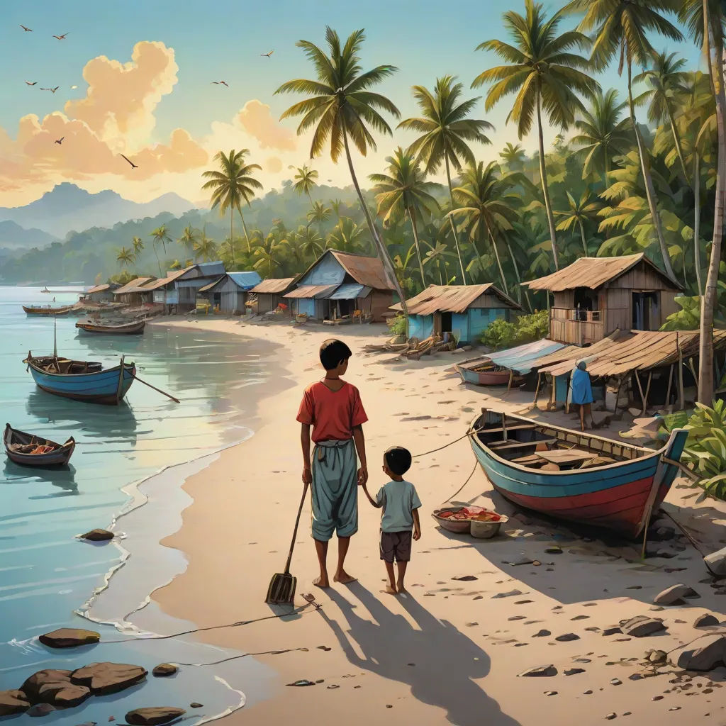 a painting of a man and a child on a beach with boats in the water and palm trees in the background, Christophe Vacher, figurative art, a detailed matte painting, highly detailed digital painting