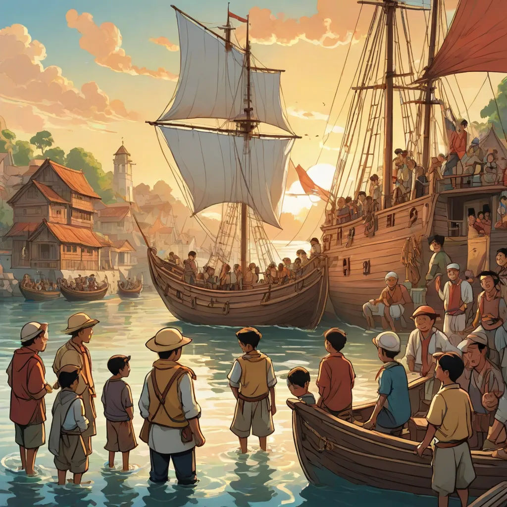 a painting of a group of people standing in front of a boat with a large group of people on it, Alson S. Clark, fantasy art, a detailed matte painting, kinkade
