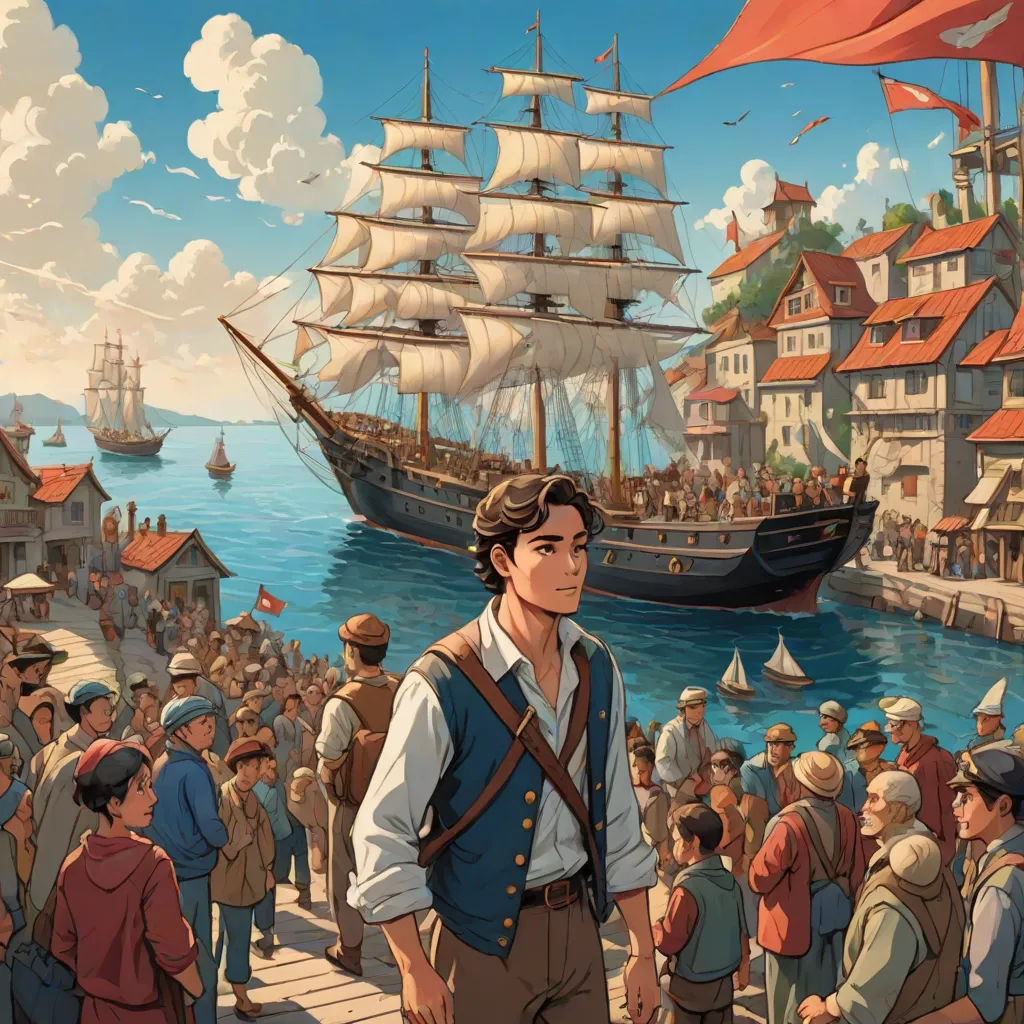 a painting of a man standing in front of a crowd of people in front of a ship in the water, Aaron Jasinski, fantasy art, a detailed matte painting, official art