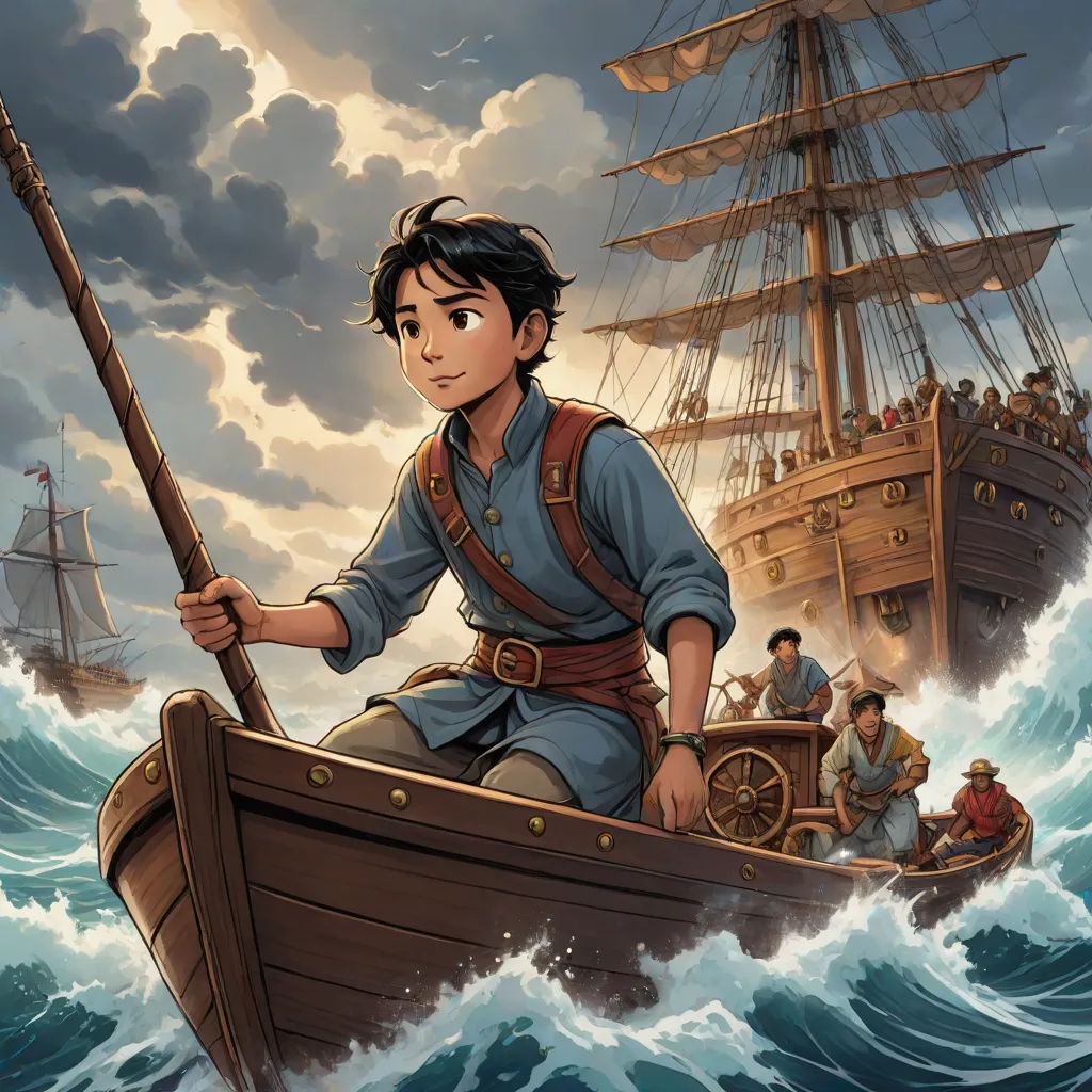 a boy in a boat with a staff in the ocean with a pirate ship in the background and a man in a boat in the foreground, Cliff Childs, fantasy art, a storybook illustration, official art