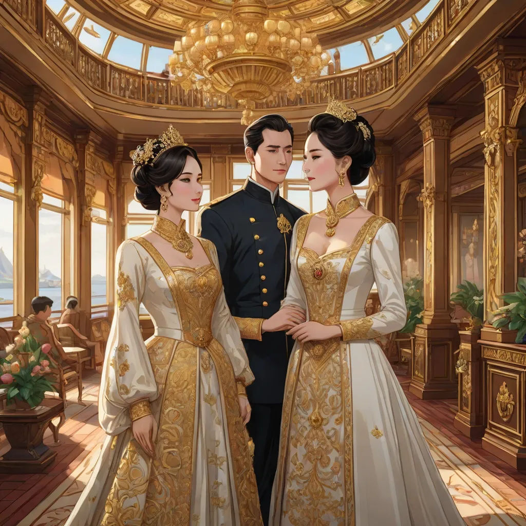 a painting of a couple in formal dress standing next to each other in a palace room with a chandelier, Chen Chun, fantasy art, a detailed painting, official art