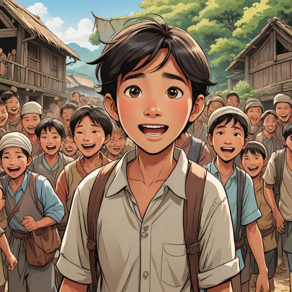 a cartoon of a boy standing in front of a crowd of people with a smile on his face and a backpack on his shoulder, Akira Toriyama, fantastic realism, a storybook illustration, yukito kishiro