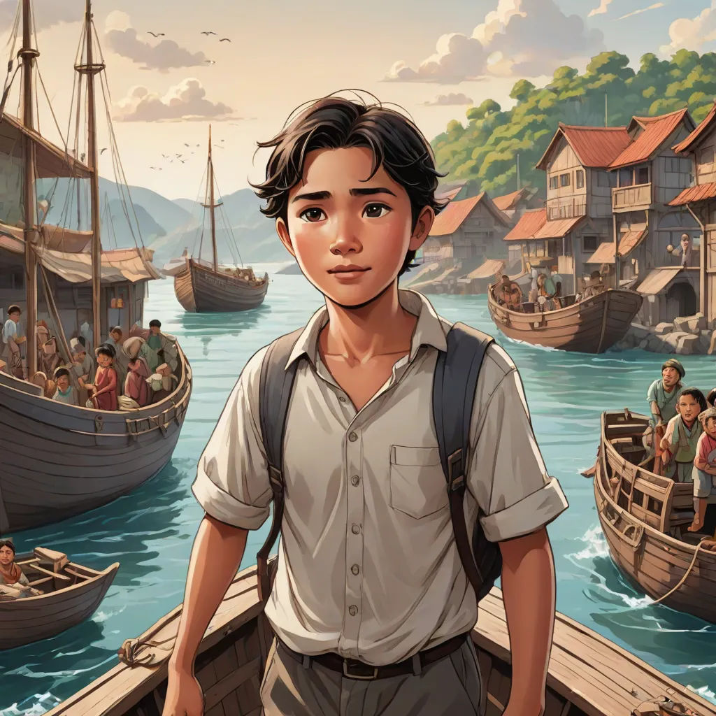 a boy standing in a boat in a harbor with a lot of people in it and a boat in the water, Du Jin, serial art, a comic book panel, graphic novel
