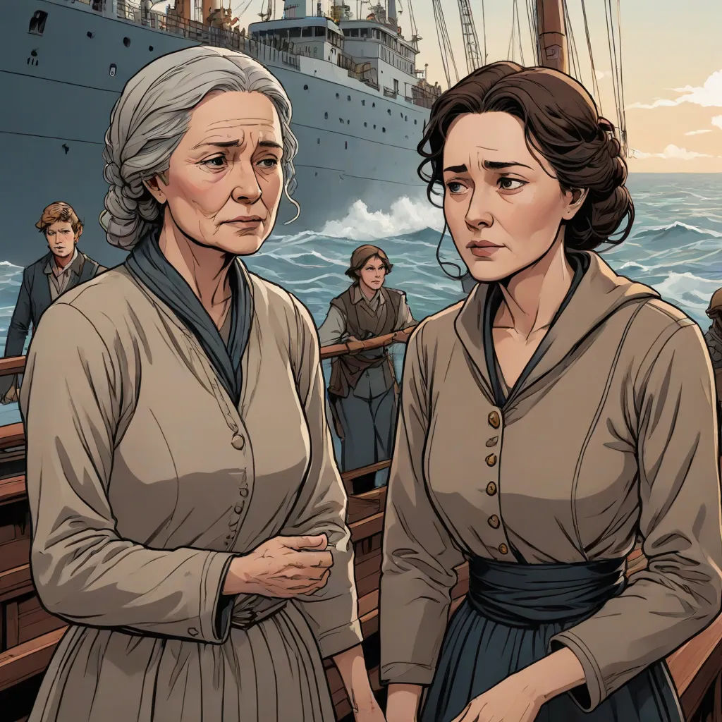 a painting of two women standing next to each other on a boat in the ocean with a ship in the background, Elinor Proby Adams, serial art, a comic book panel, graphic novel