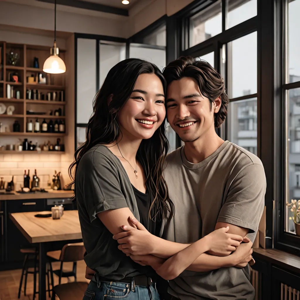 a man and woman are hugging in a kitchen with a window overlooking the city and a bar with a view, hyperrealism, a stock photo, David Park, promotional image