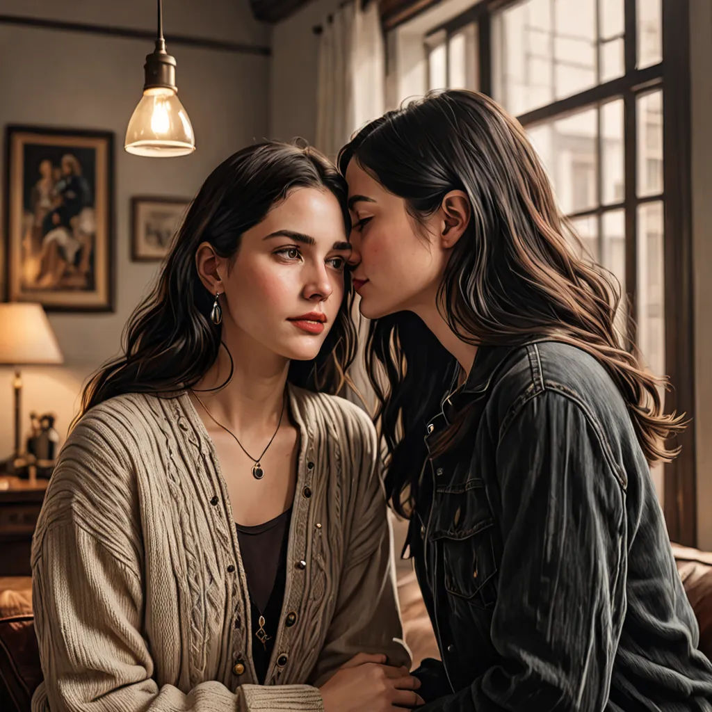 two women are sitting on a couch and one is kissing the other is holding her head to her chest, fine art, a renaissance painting, Art Brenner, key art