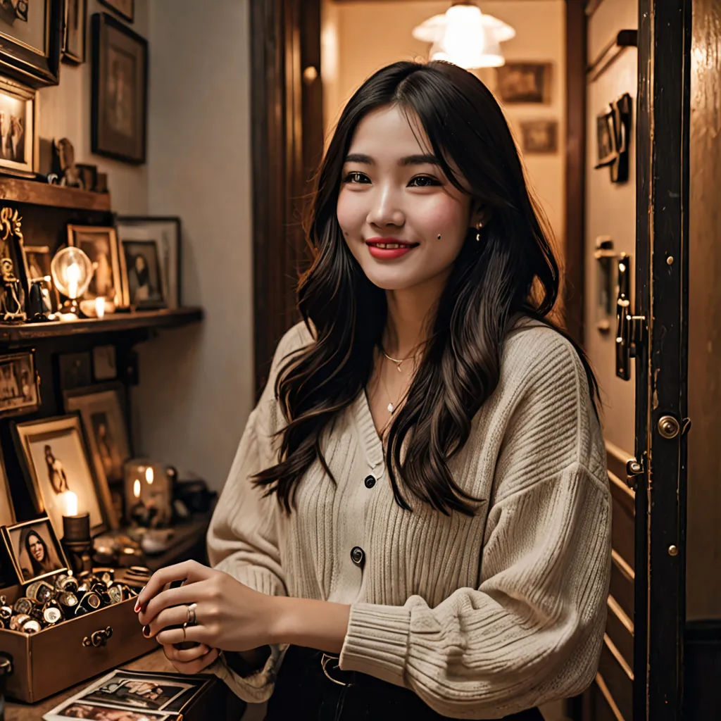 a woman standing in front of a display of jewelry in a store with a mirror and a shelf of framed photos, aestheticism, a character portrait, Ai Xuan, jewelry