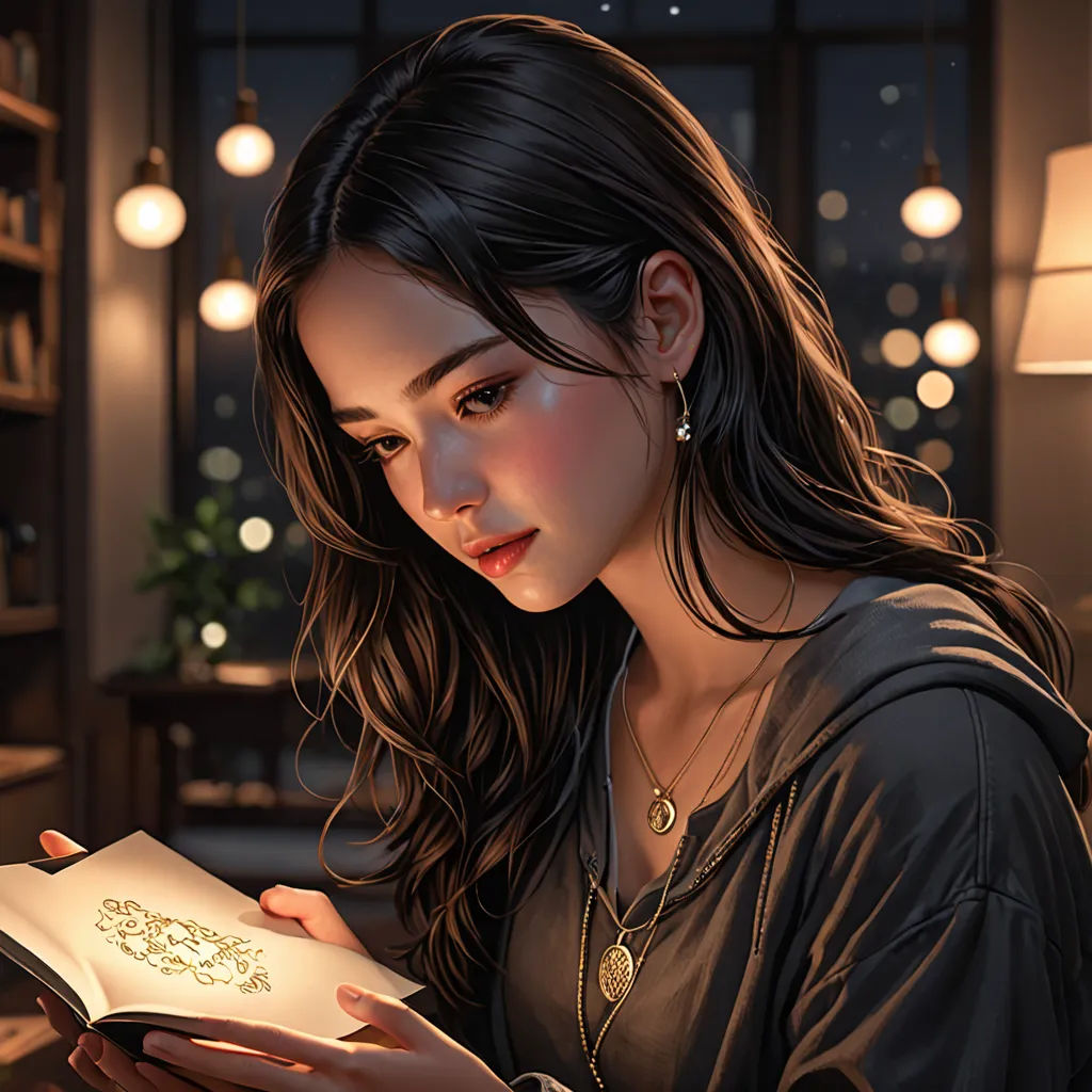a woman is reading a book in a room with lights on the ceiling and a window behind her,, fantasy art, a storybook illustration, Artgerm, rossdraws global illumination