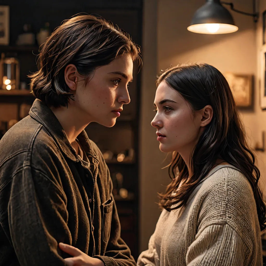 a couple of people standing next to each other in a room with a light on above them and a lamp on the wall, visual art, a poster, Elinor Proby Adams, promotional image