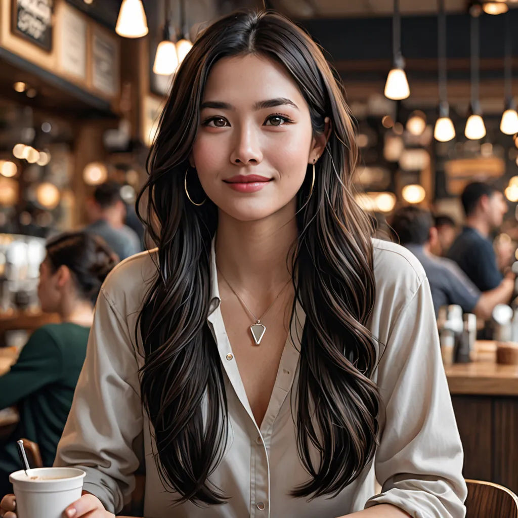 a woman sitting at a table with a cup of coffee in front of her and a man in the background, private press, a stock photo, Ai Xuan, long black hair