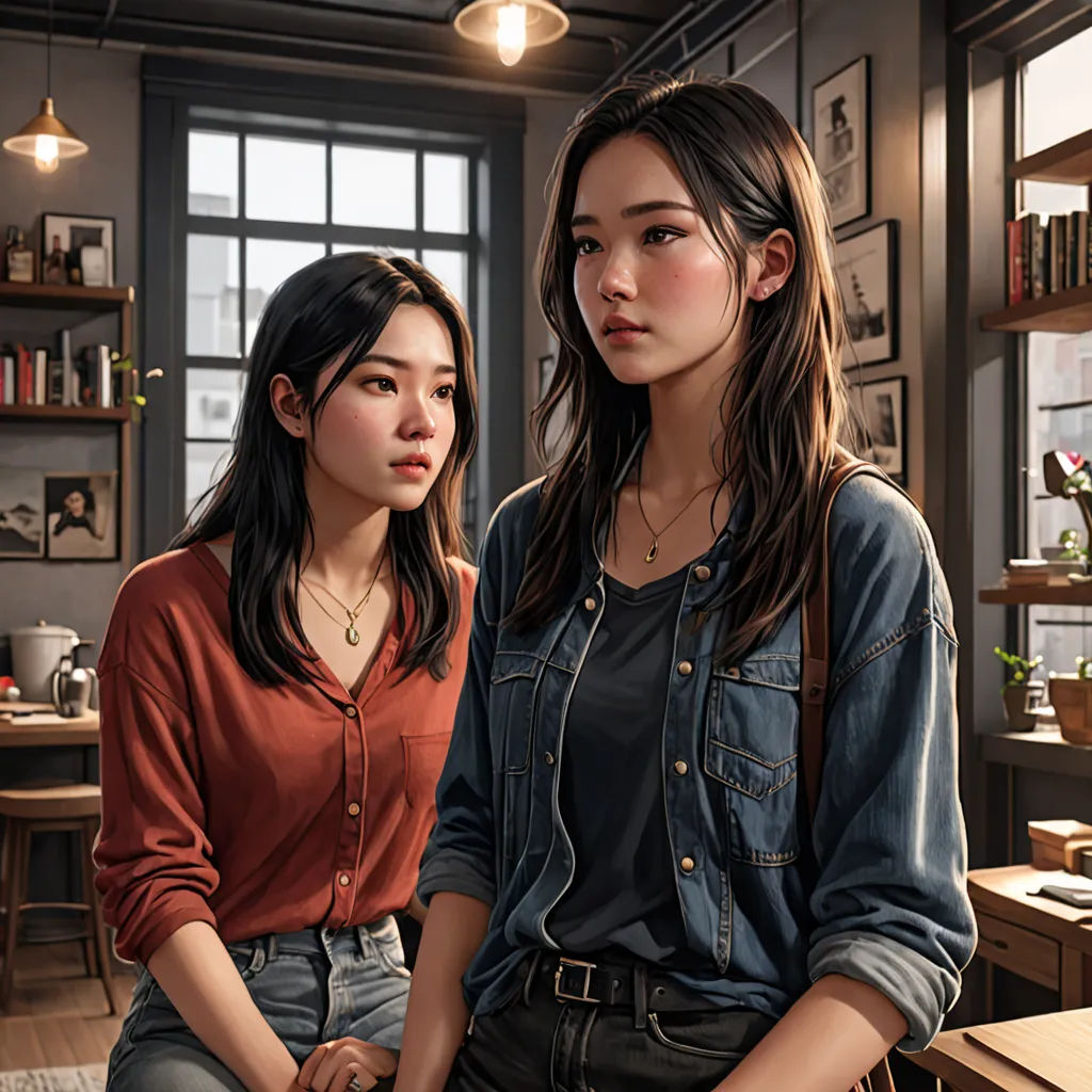 two women sitting on a bench in a room with a window and a desk in the background, one of them is looking at the camera, photorealism, a photorealistic painting, Artgerm, stanley artgerm lau