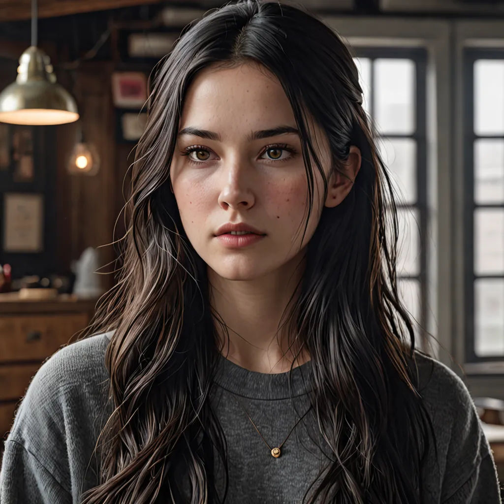 a woman with long hair standing in a kitchen next to a window and a light fixture hanging from the ceiling, photorealism, a photorealistic painting, Artgerm, ultra realistic digital art