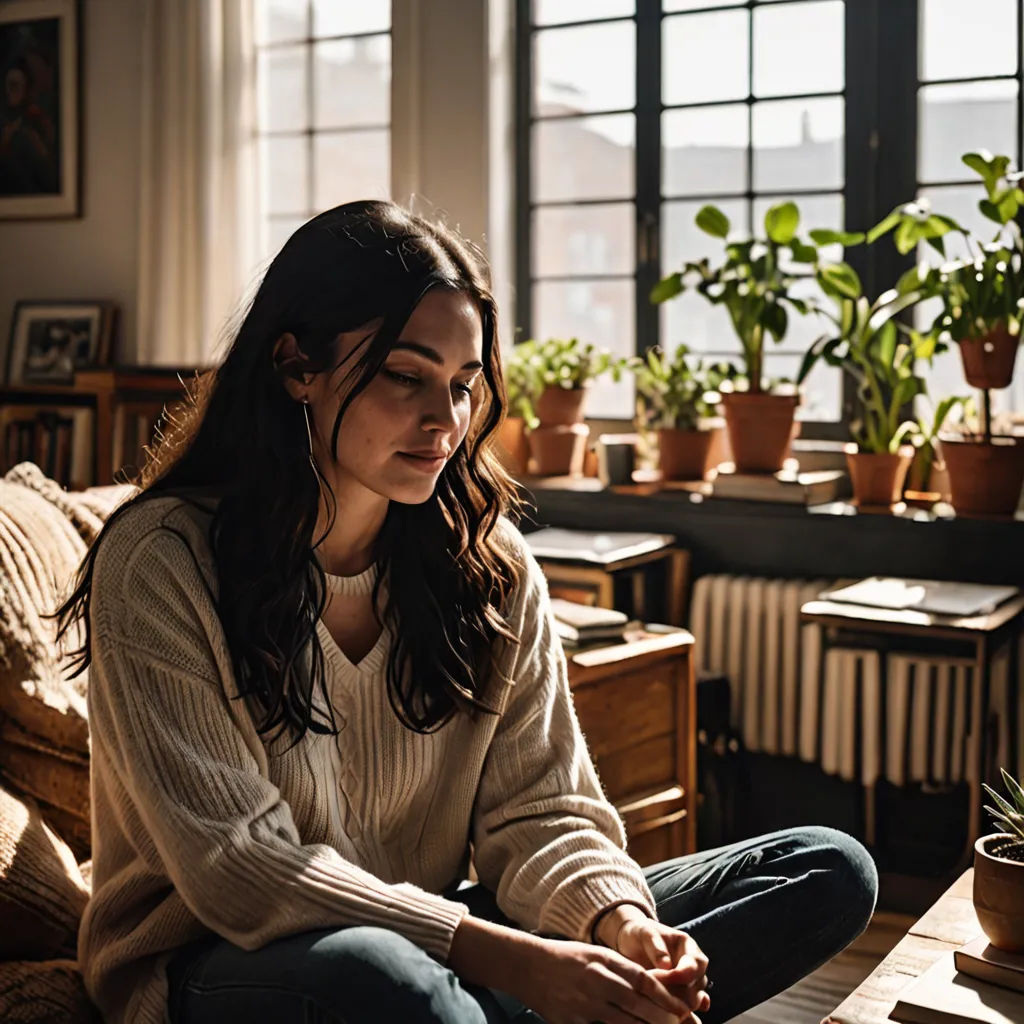 a woman sitting on a couch in a room with potted plants on the table and a window behind her, barbizon school, a stock photo, Annabel Eyres, warm light