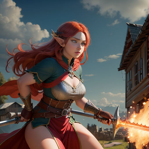 a woman in a costume holding a sword and a fireball in front of a house on a hill
