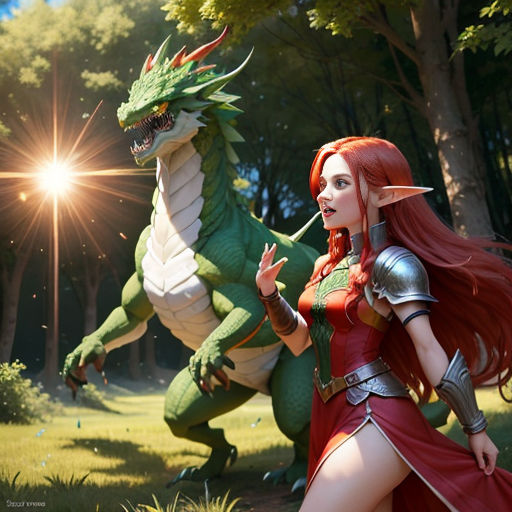 a woman in a red dress standing next to a dragon and a dragon in a forest with trees and grass