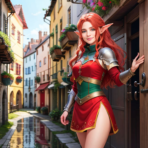 a woman dressed in a red and green outfit standing in a alley way with a door open and a potted plant on the side of the building
