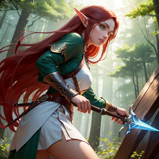 a woman in a green and white outfit holding a sword in a forest with trees and grass behind her
