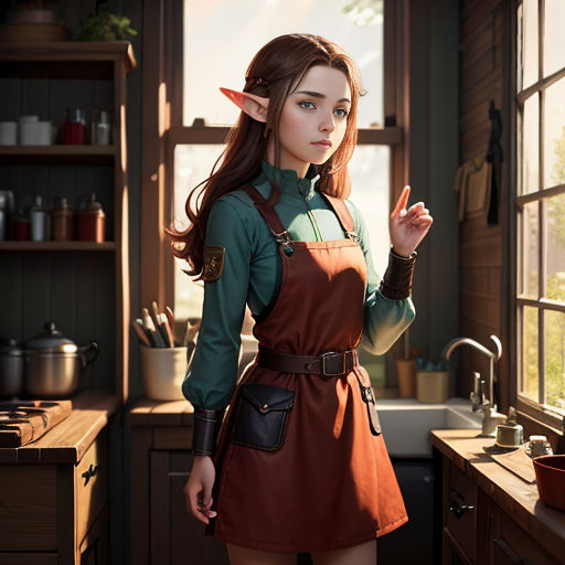 a woman in a kitchen with a brown apron and a green shirt and a brown apron and a green shirt