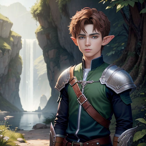 a man in a green and black outfit standing in front of a waterfall and a waterfall falls behind him