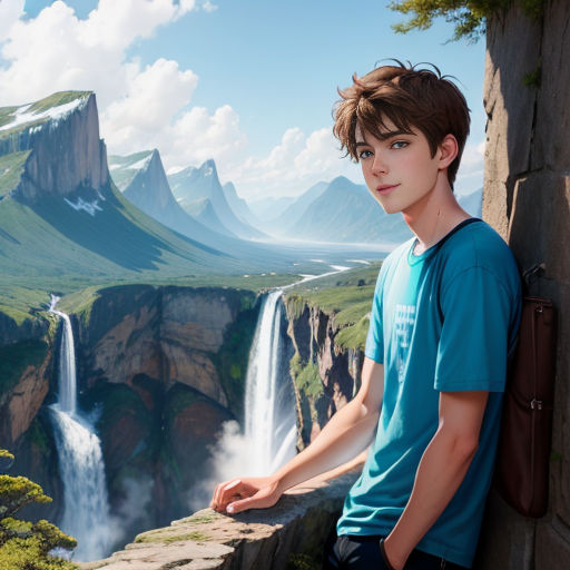 a boy is standing on a ledge near a waterfall and a mountain range with a waterfall in the background