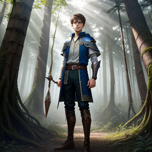 a man in a blue and white outfit standing in a forest with a sword and arrow in his hand