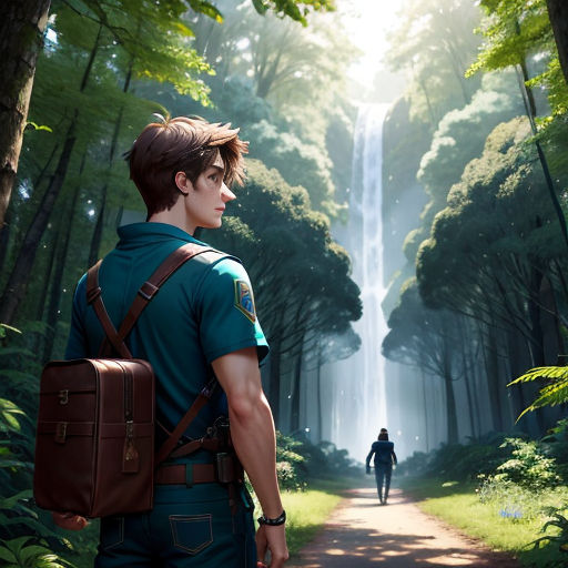 a man with a backpack is walking down a path in the woods with a waterfall in the background and a person in the distance