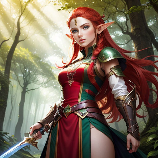 a woman in a red and green dress holding a sword in a forest with trees and sunlight shining through the trees