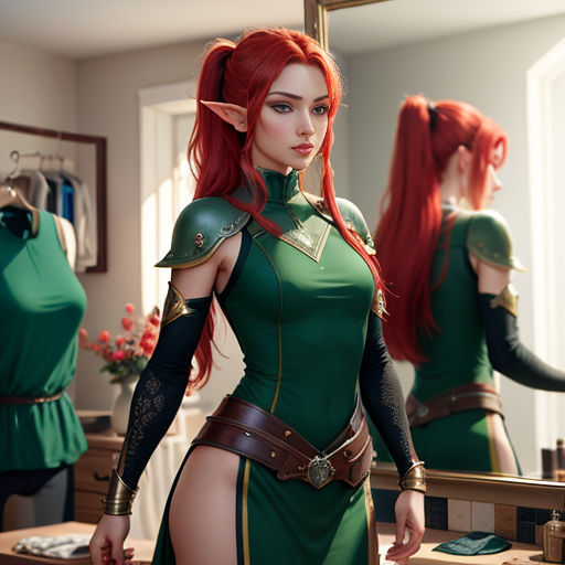 a woman in a green dress is looking in a mirror and is wearing a green outfit with gold accents