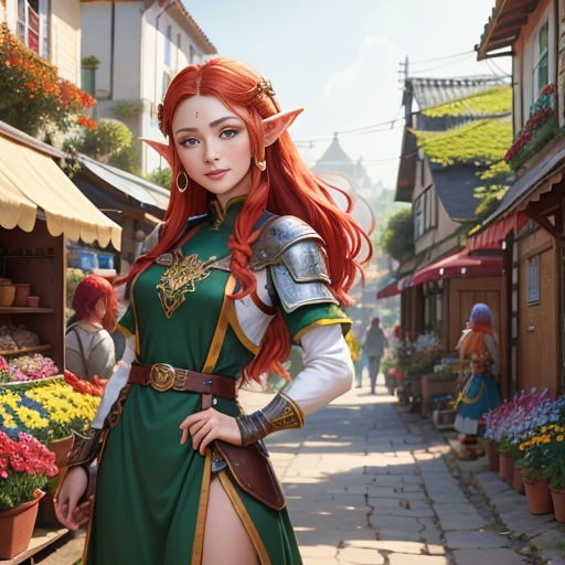 a woman dressed in a green and gold outfit standing in a street with flowers in the background and a flower shop in the foreground