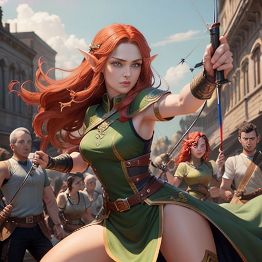 a woman in a green dress holding a bow and arrow in front of a crowd of people in a city