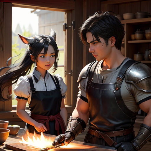 a man and woman in medieval costumes cooking a meal together in a kitchen with a fire in the middle