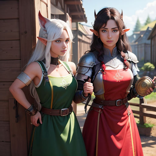 two women dressed in costumes standing next to each other in front of a barn with a gate and a wooden fence