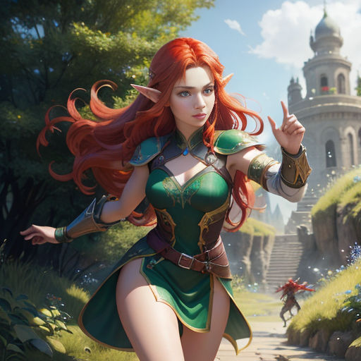 a woman in a green dress is walking down a path with a castle in the background and a man in a red shirt is holding a sword