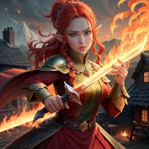 a woman in a red dress holding a sword and a fire ball in her hand, with a house in the background