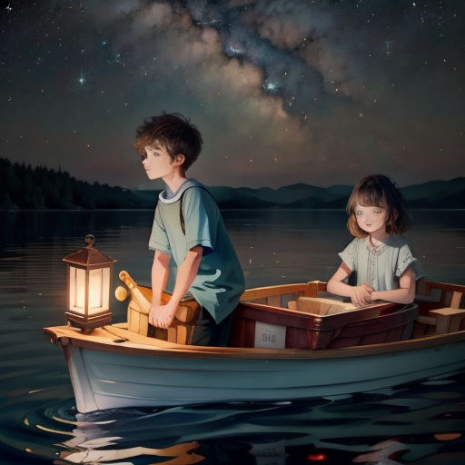 a boy and a girl in a boat on a lake with a night sky background and stars above them