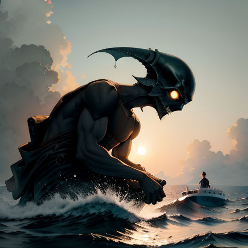 a man riding on the back of a boat in the ocean next to a giant creature with a giant head