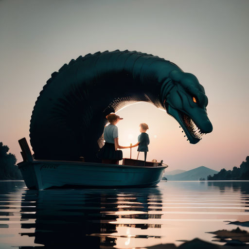 a man and a child are in a boat with a large dragon on the water at sunset, with a man standing on the boat